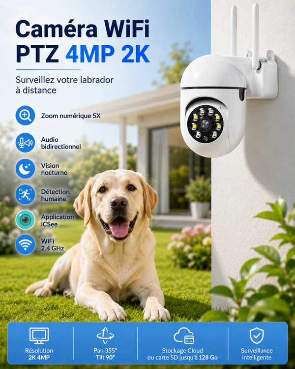 Caméra WiFi PTZ 4MP 2K – Vision nocturne, détection humaine et suivi automatique