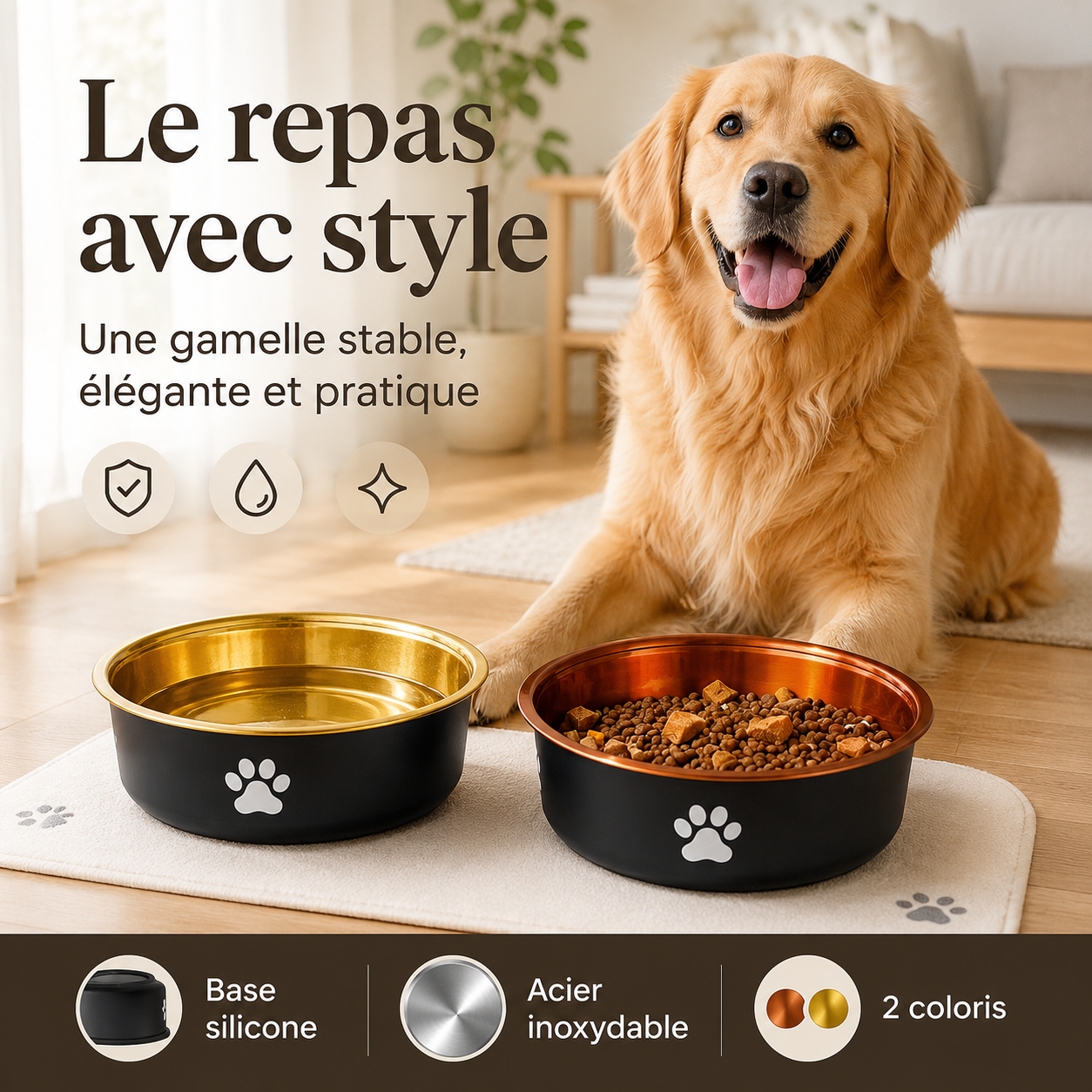 Gamelle antidérapante en acier inoxydable pour chien et chat – Finition dorée ou marron, 3 tailles