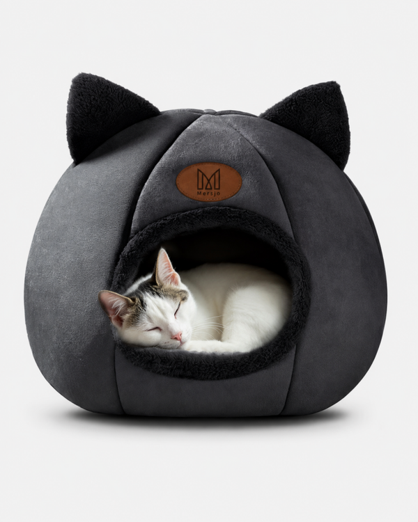 Maison cocon en peluche pour chat – Cabane noire avec oreilles, 35 × 35 cm