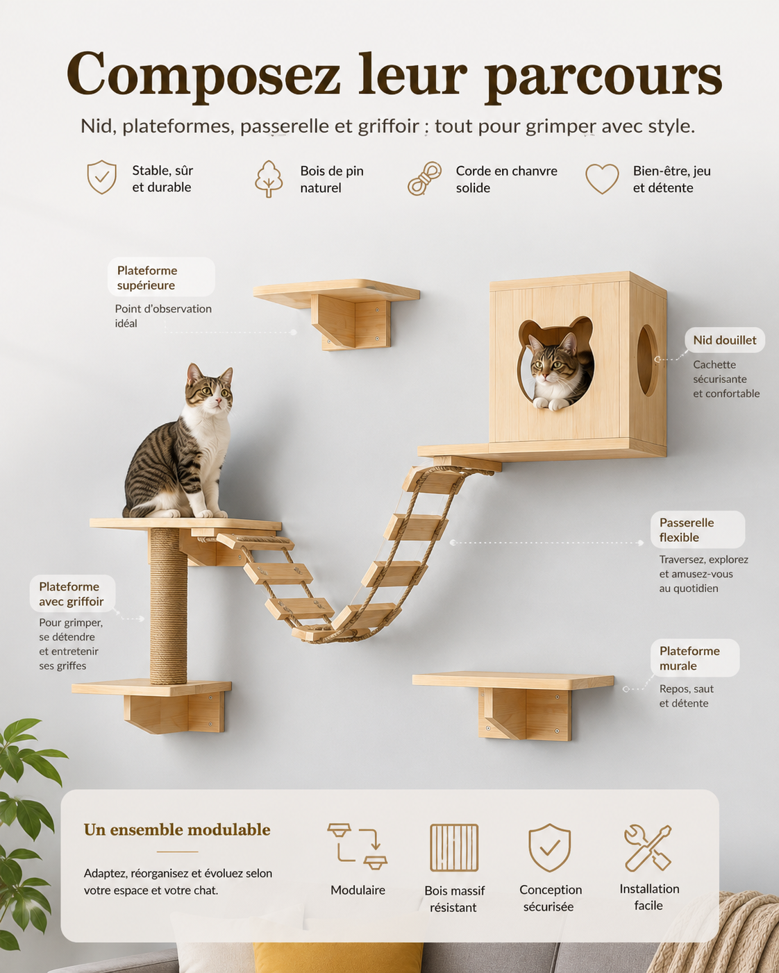 Parcours Mural Pour Chat En Bois Avec Pont, Échelle Et Plateformes
