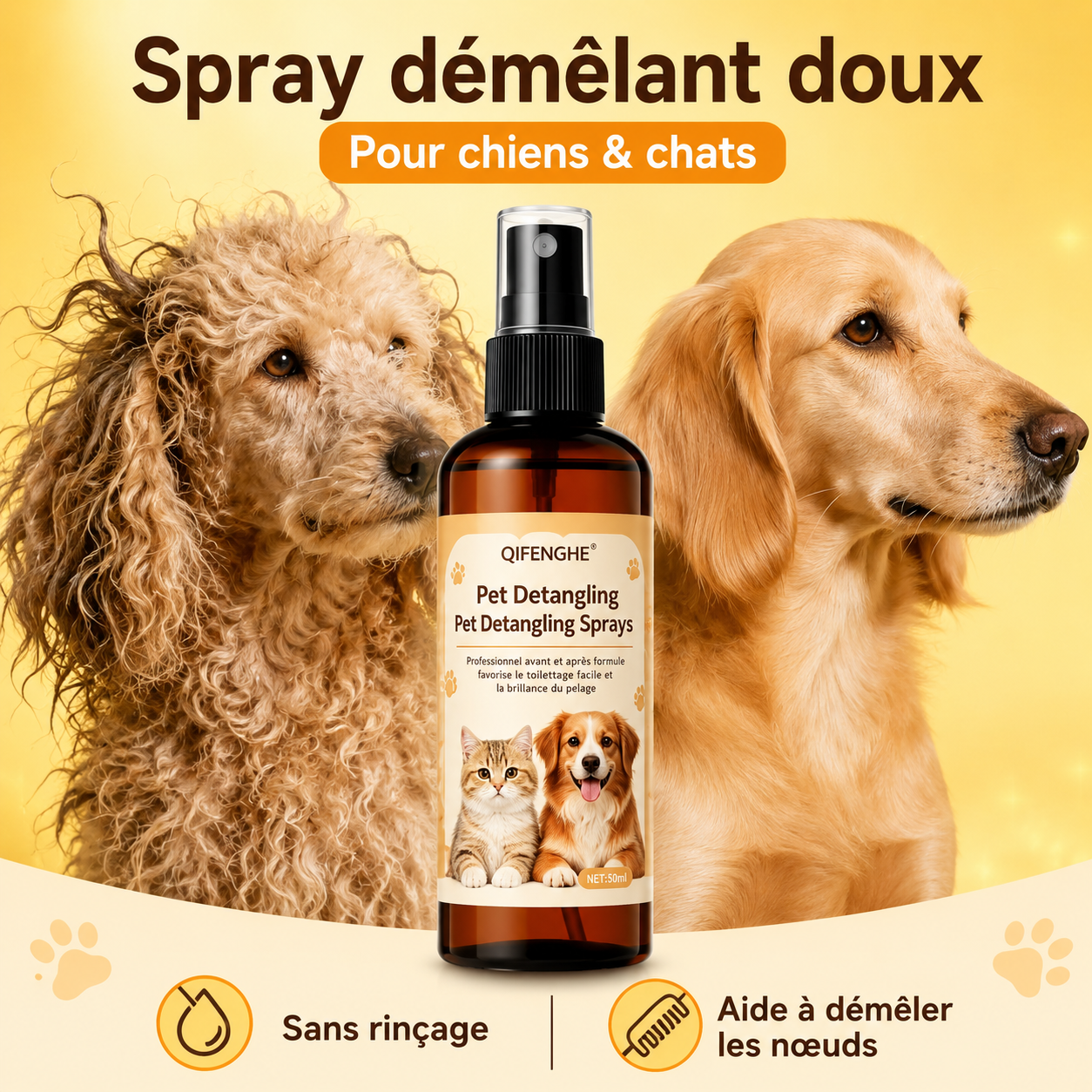 Spray démêlant doux sans rinçage pour chiens et chats – 50 ml