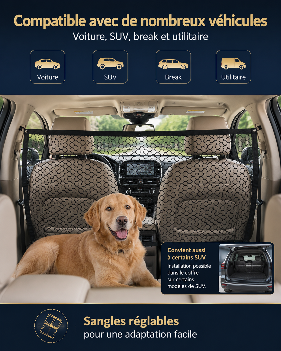Filet de Séparation Réglable pour Chien – Barrière de Voiture 3 Tailles