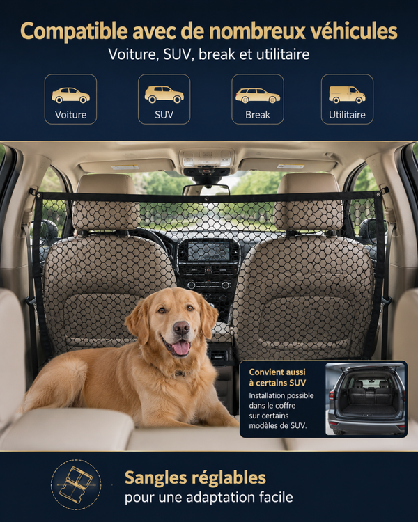 Filet de Séparation Réglable pour Chien – Barrière de Voiture 3 Tailles