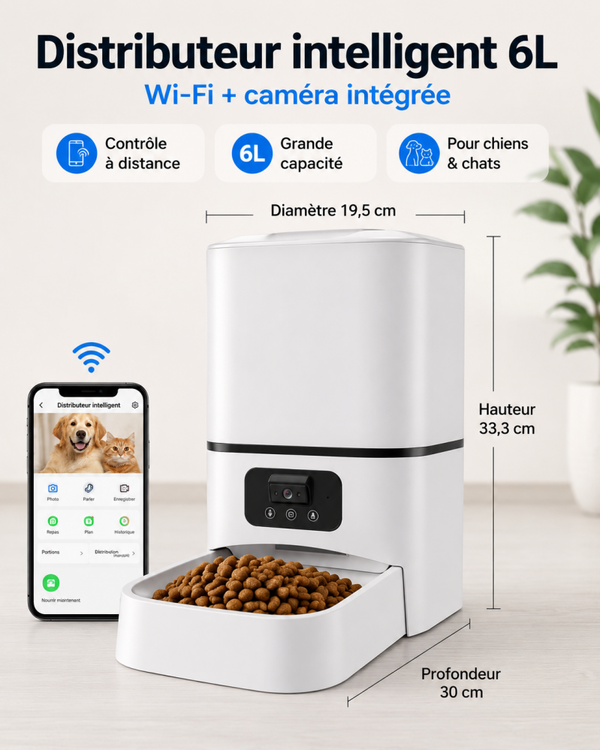 Distributeur automatique de croquettes 6L avec WiFi et caméra 2MP pour chien et chat