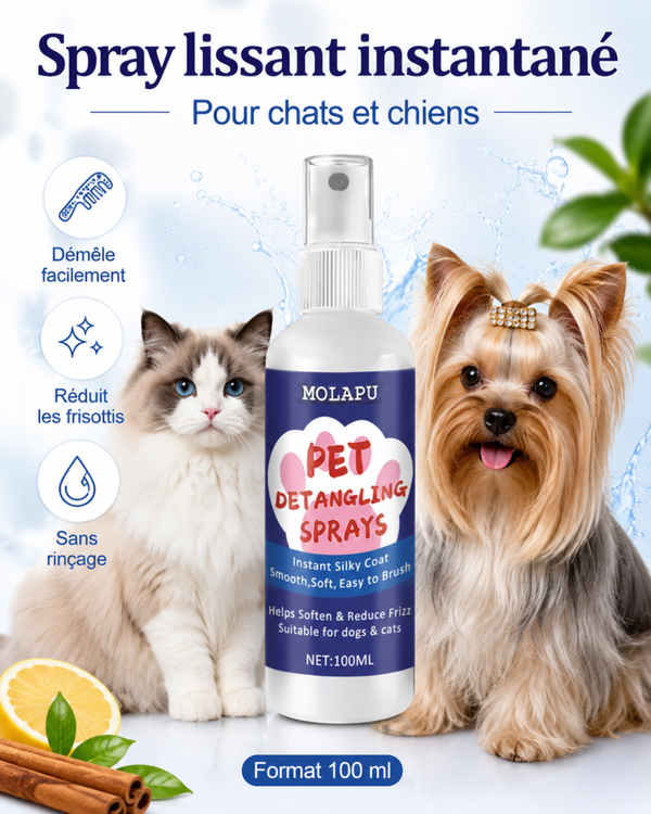 Spray démêlant lissant sans rinçage pour chiens et chats – Anti-nœuds, anti-frisottis, poil doux et brillant