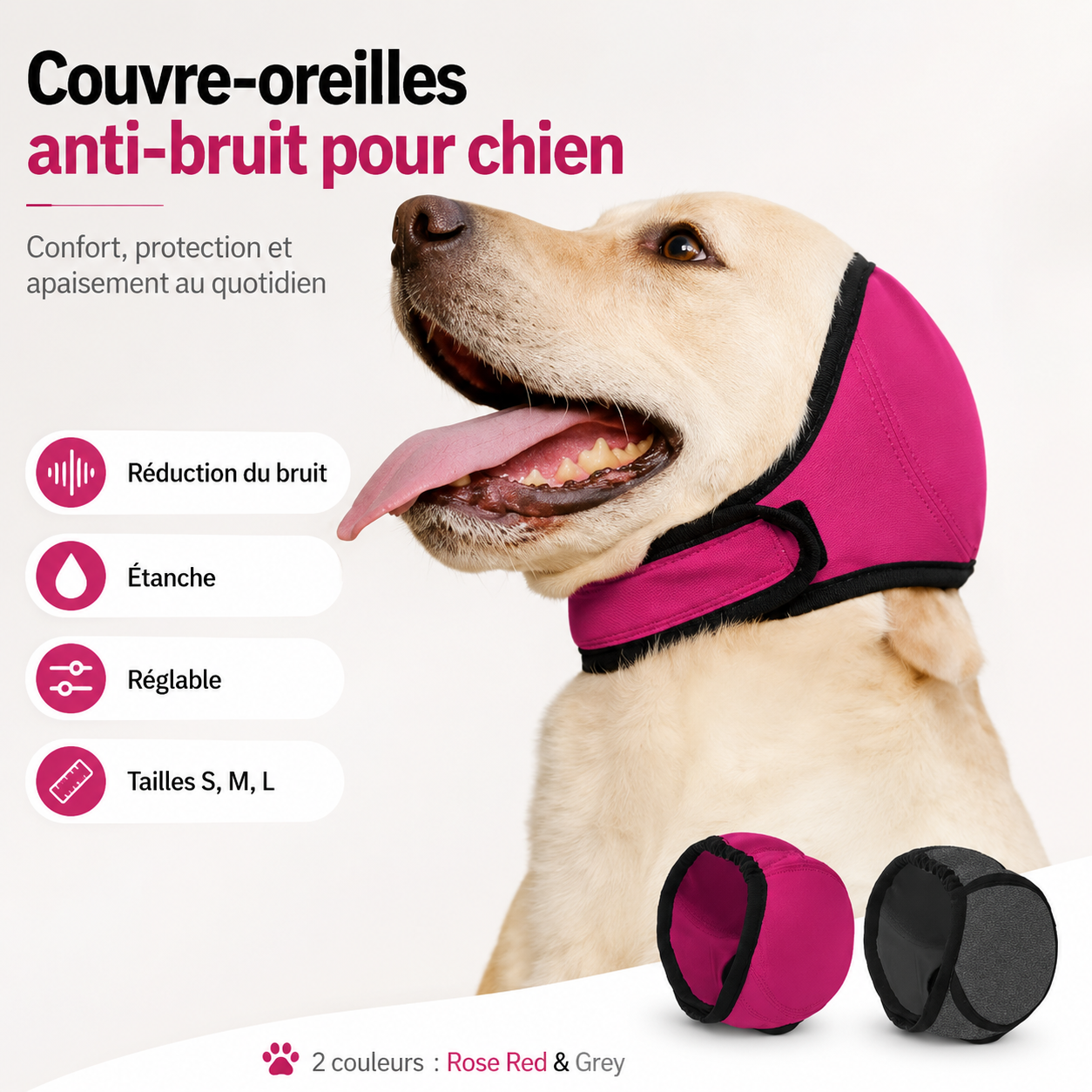 Couvre-Oreilles Apaisant pour Chien – Réduction du Bruit, Maintien Réglable, Tailles S à L
