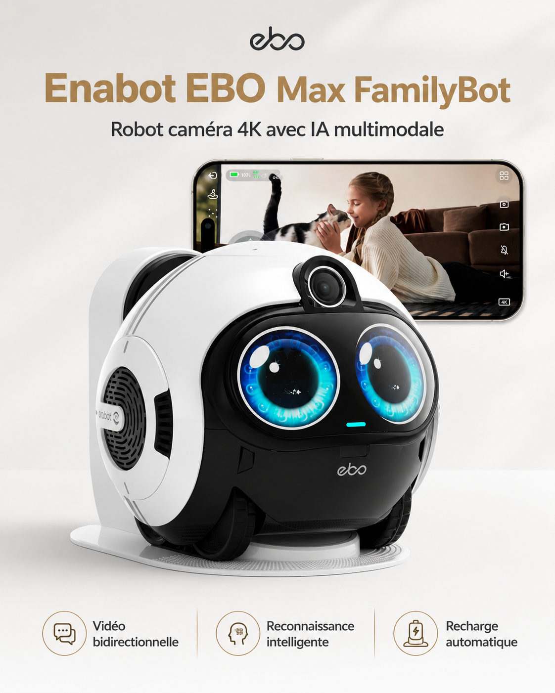 FamilyBot – Robot Caméra Mobile 3K avec IA, Suivi Intelligent, Vision Nocturne et Recharge Automatique