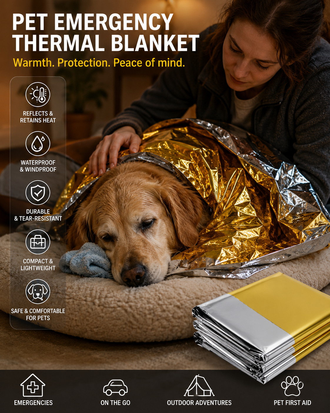 Couverture de survie thermique pour chien et chat – Format compact 130 × 210 cm