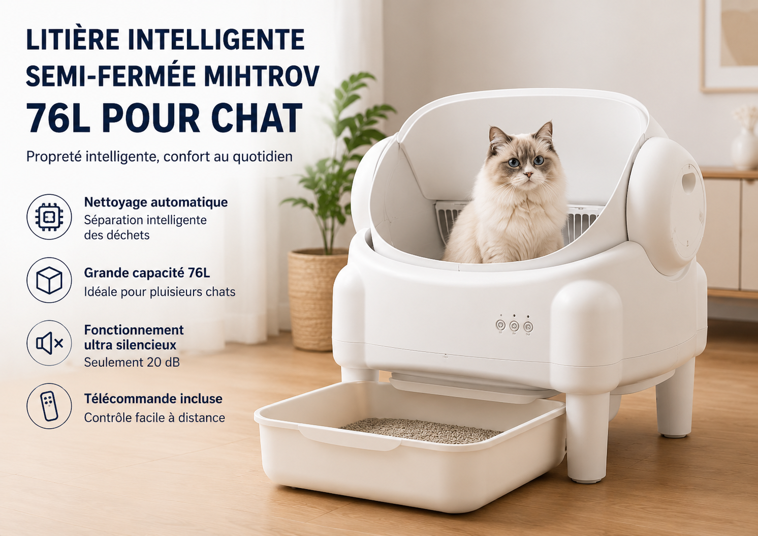 Litière Intelligente Semi-Fermée Mihtrov 76L pour Chat – Toilette Automatique avec Télécommande, Grande Capacité, Blanche
