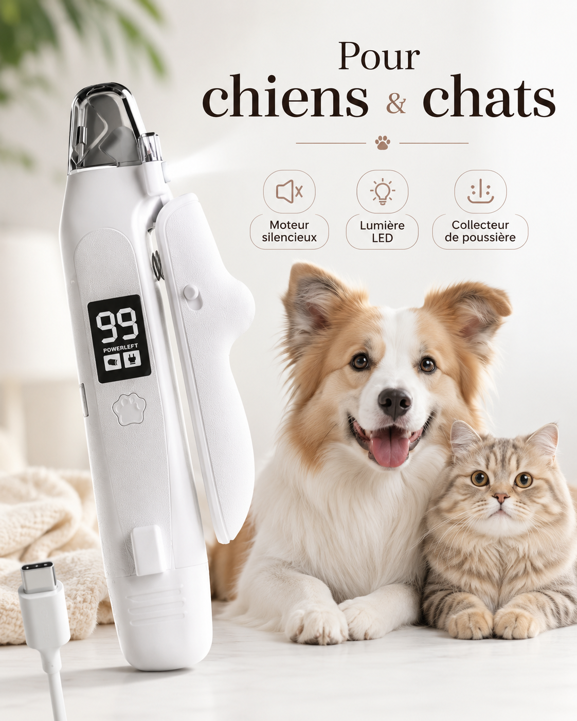Coupe-griffes électrique avec LED et collecteur de poussière – Chiens et chats