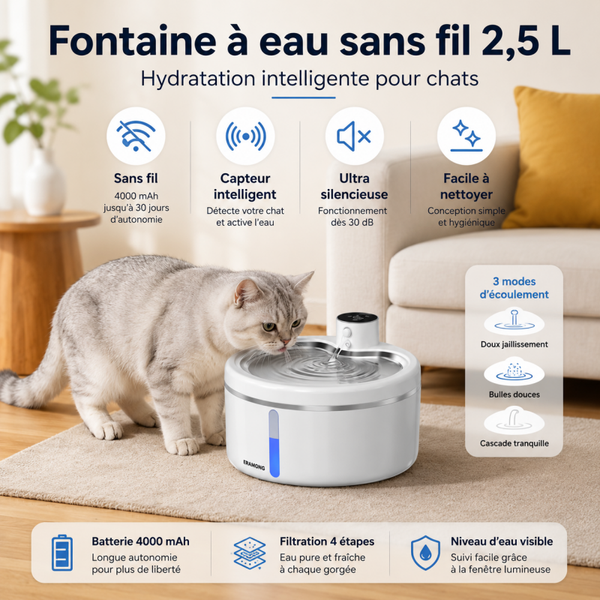 Fontaine à eau automatique sans fil 2,5L pour chat et chien – capteur intelligent, filtre intégré, batterie longue durée, ultra silencieuse