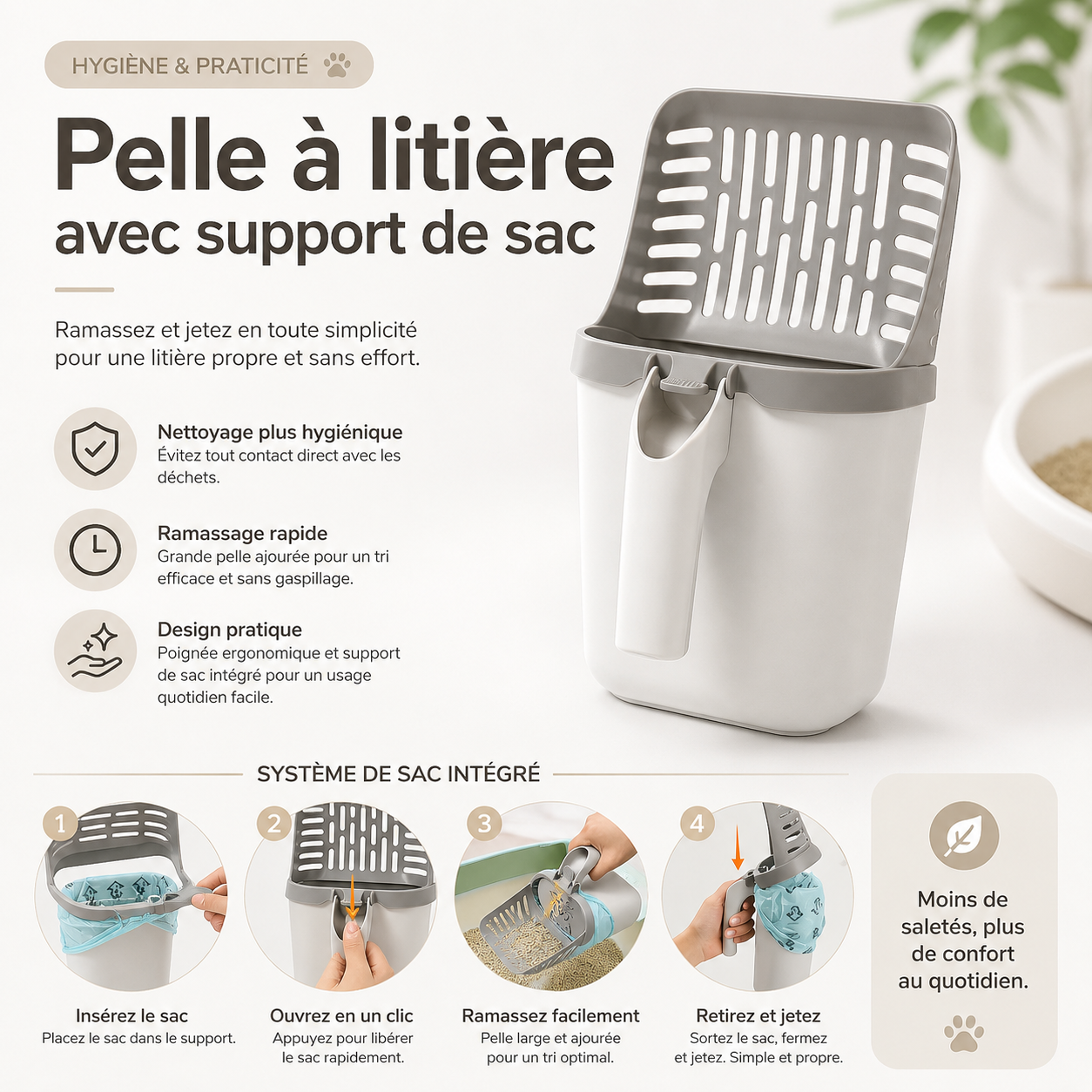 Pelle à litière pour chat avec support de sac poubelle – Nettoyage facile et hygiénique