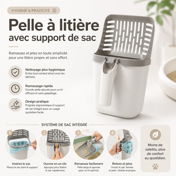 Pelle à litière pour chat avec support de sac poubelle – Nettoyage facile et hygiénique