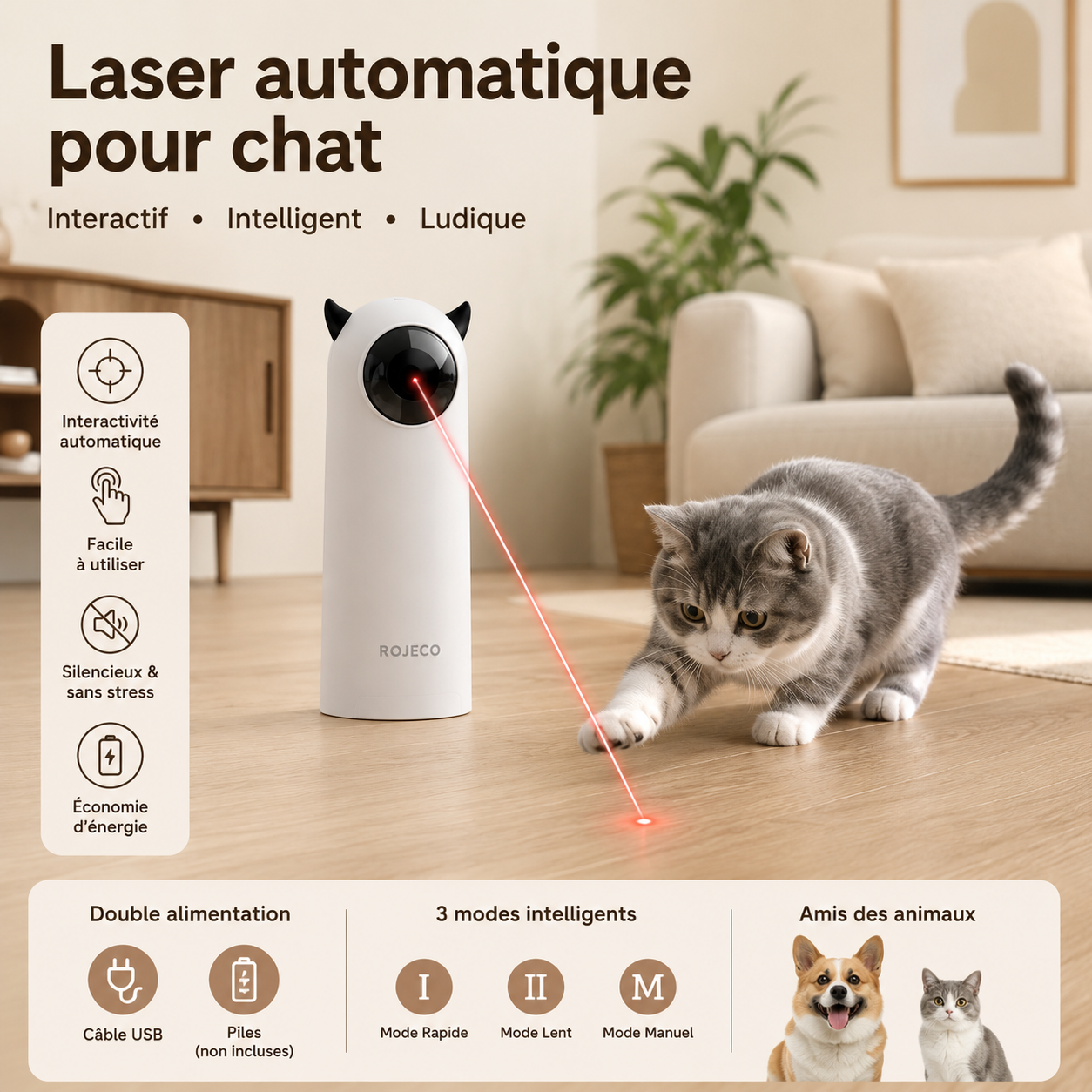 Laser Automatique Interactif 360° pour Chat - ROJECO – 3 Modes & Angle Réglable
