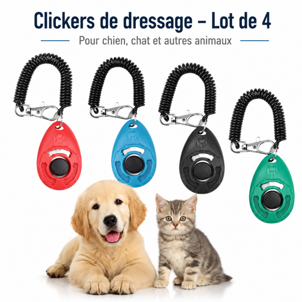 Clickers de Dressage pour Chien & Chat – Lot de 4 avec Bracelet