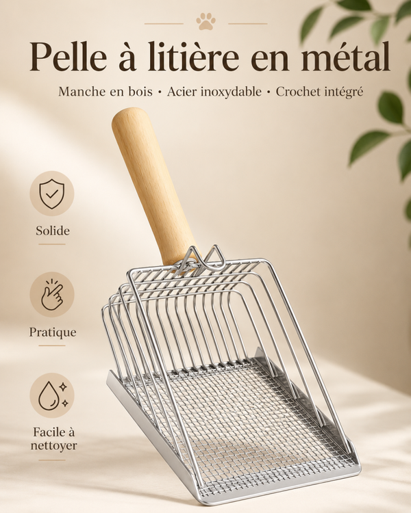 Pelle à litière pour chat en acier inoxydable avec manche en bois