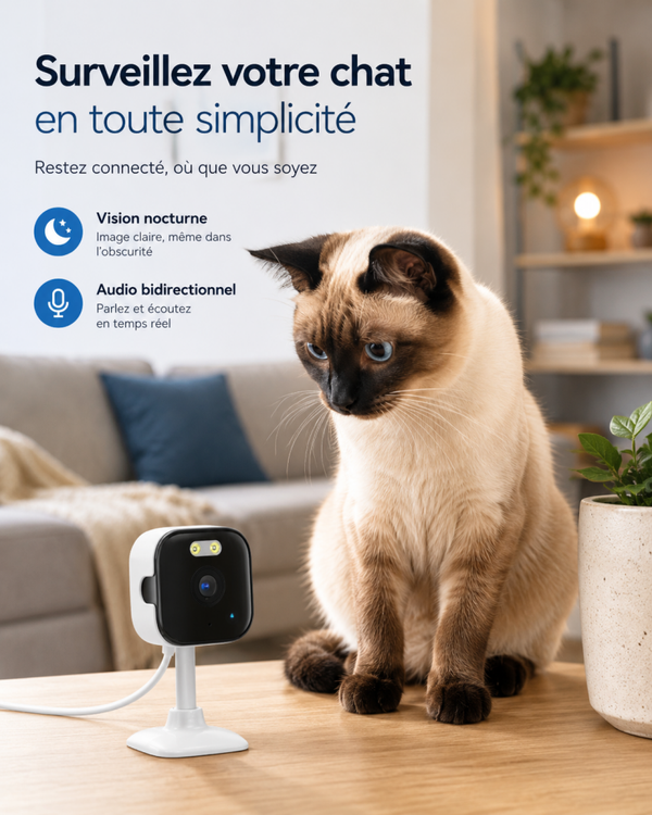 Caméra WiFi HD 5MP pour animaux – Vision nocturne, audio bidirectionnel et détection humaine