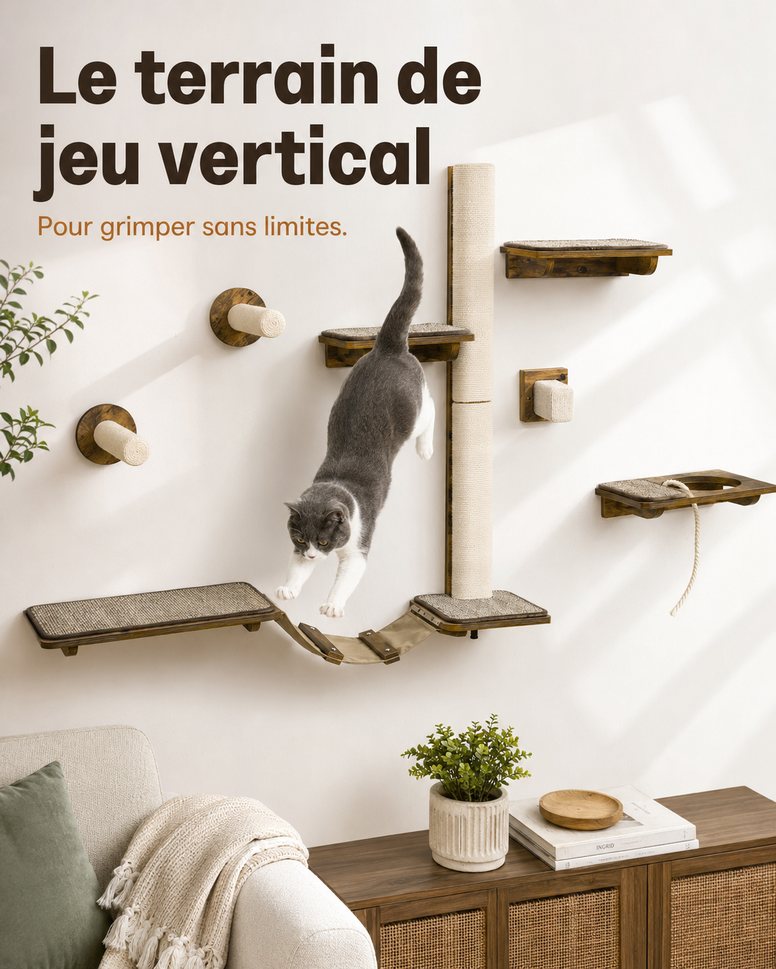 Parcours Mural Pour Chat 8 Pièces Avec Griffoirs En Sisal, Plateformes Et Échelle – Ensemble D’Escalade Gain De Place