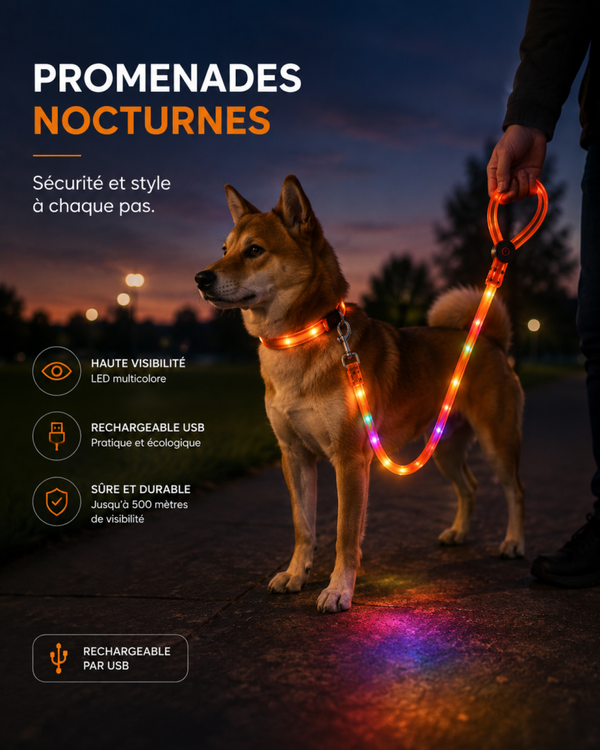Laisse LED Lumineuse Rechargeable pour Chien – 120 cm, Visibilité Nocturne Multicolore