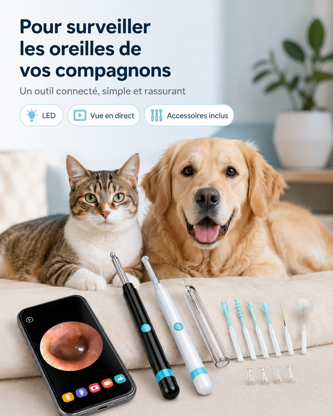 Otoscope vidéo Wi-Fi 1080P pour chien et chat – Caméra auriculaire avec 6 LED