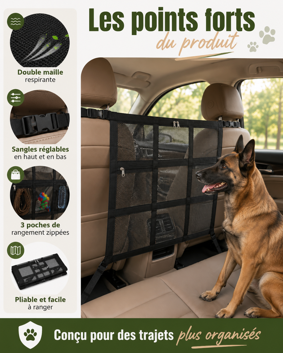 Barrière de Voiture pour Chien en Double Maille – Sangles Réglables