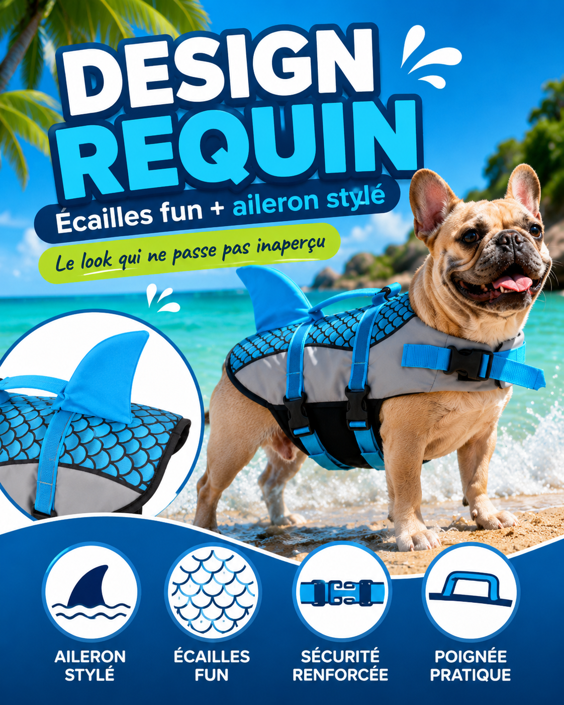 Gilet de Sauvetage Requin à Écailles pour Chien – Réglable, Haute Visibilité et Confortable pour la Natation