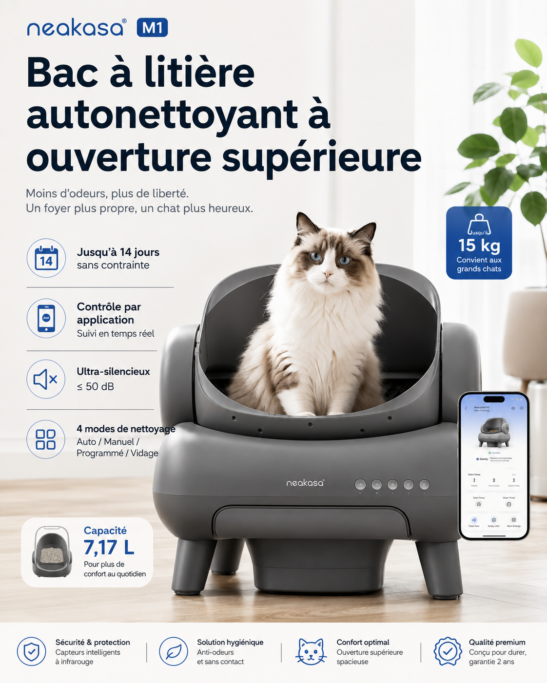 Neakasa M1 Neabot – Bac à litière automatique autonettoyant intelligent pour chat, anti-odeurs