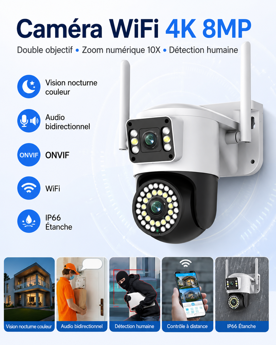 Caméra de surveillance extérieure WiFi 4K 8MP – Double objectif, PTZ, vision nocturne et zoom 10X