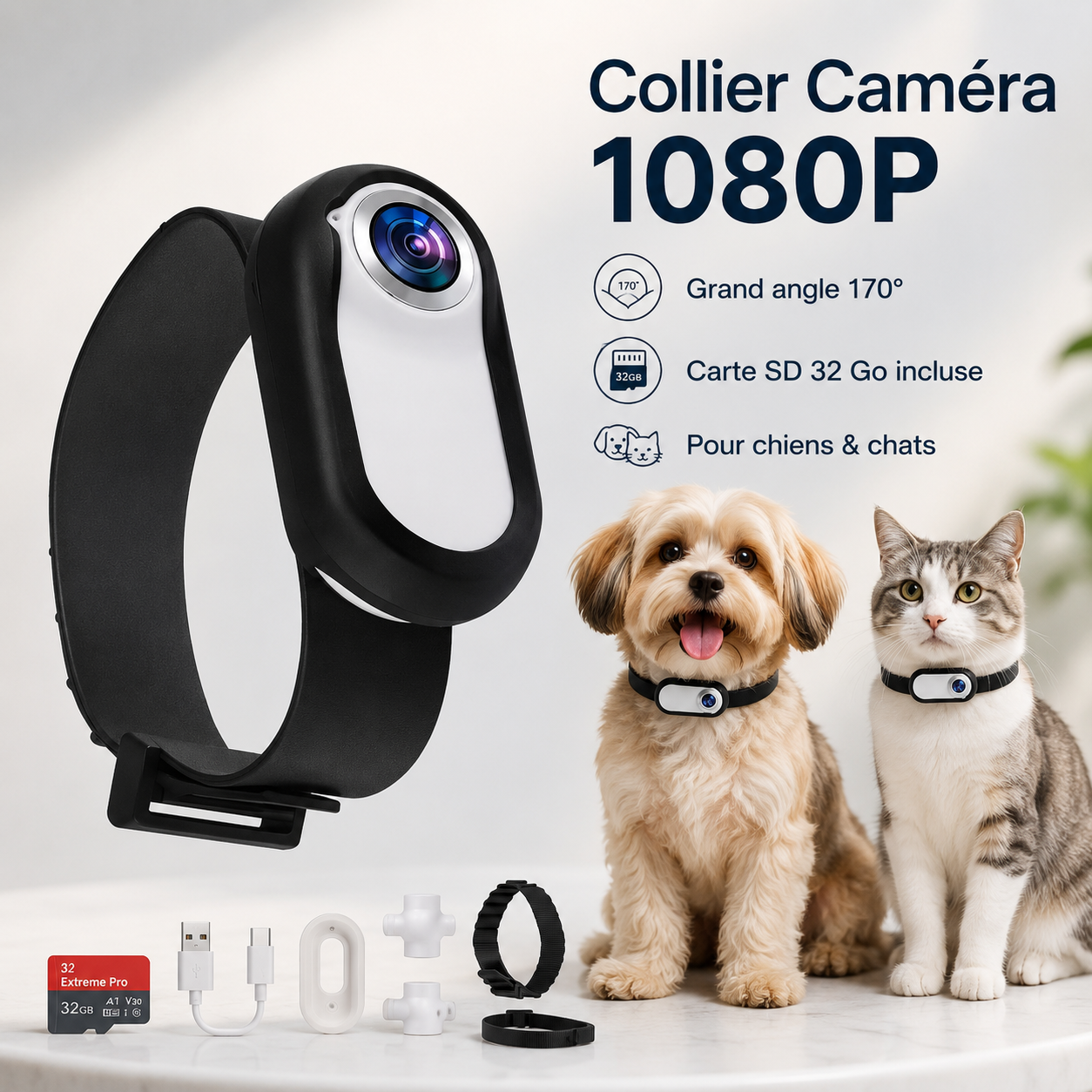 Collier caméra 1080P pour chat et petit chien – Grand angle 170° avec carte SD 32 Go