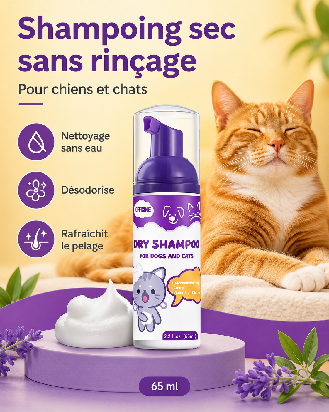 Shampoing sec sans rinçage pour chien et chat – Nettoyage sans eau, fraîcheur et anti-odeurs – 65 ml