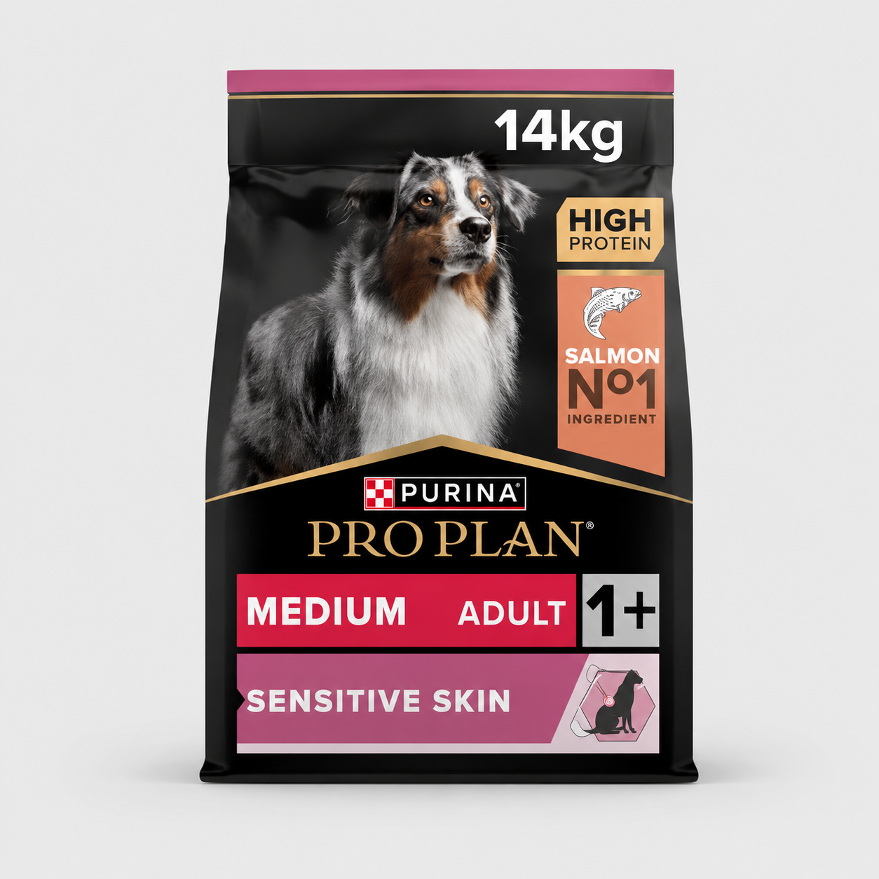 Purina Pro Plan Medium Adult Sensitive Skin – Croquettes au Saumon pour Chien Adulte de Taille Moyenne – Peau Sensible et Pelage Brillant – Sans Blé – Sac de 14 kg - 4,71 €/kilo