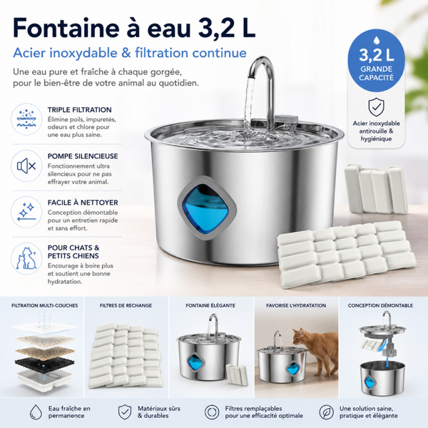 Fontaine à eau automatique 3,2L en acier inoxydable 304 pour chat et chien – ultra silencieuse, triple filtration avec pompe durable
