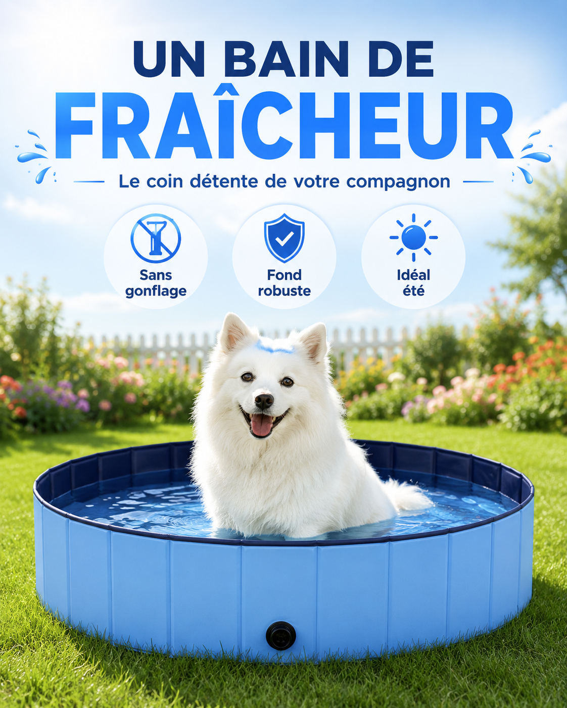 Piscine Pliable pour Chien 100 × 30 cm – Bassin Portable en PVC avec Vidange, Sans Gonflage