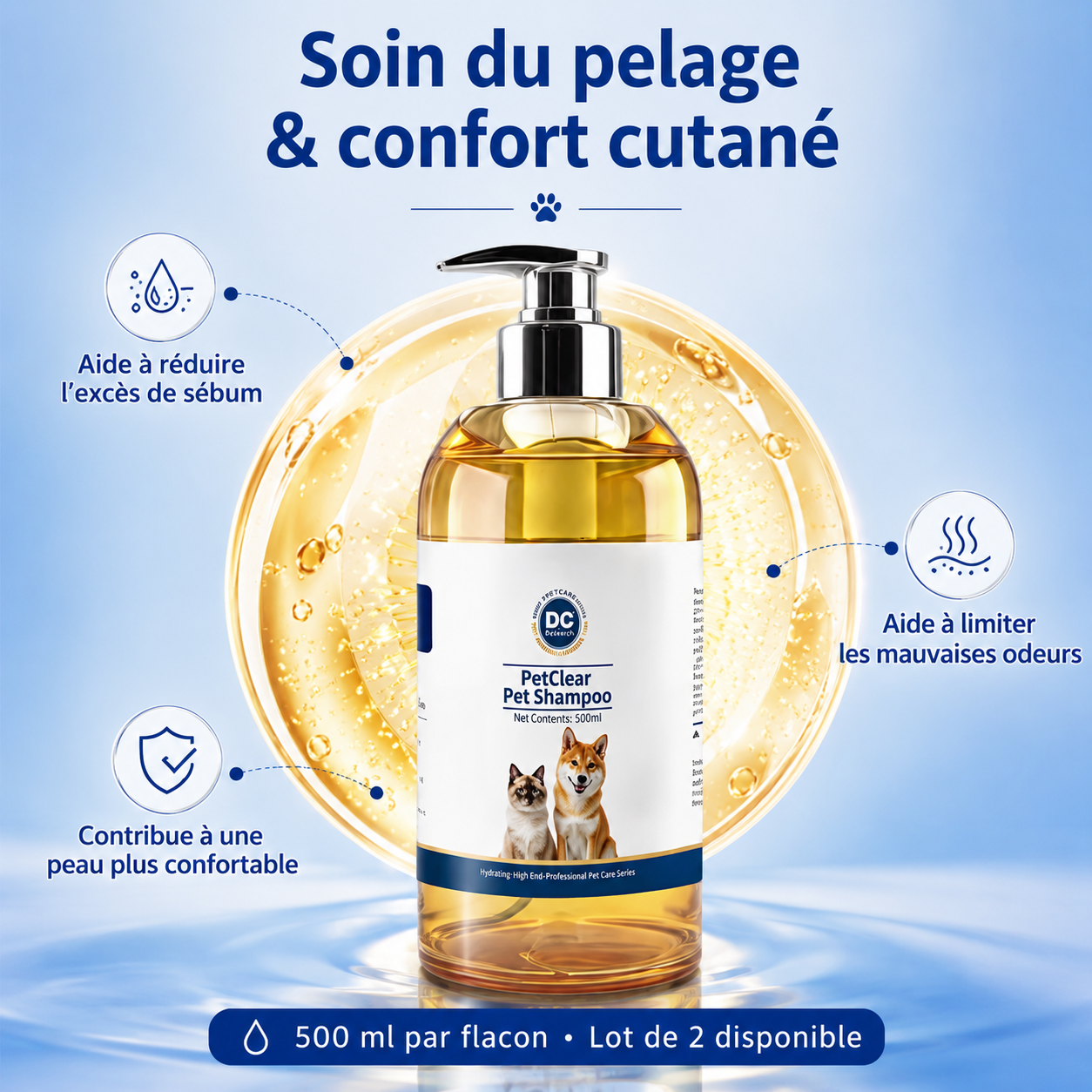 Shampooing PetClear pour chiens et chats – Anti-démangeaisons et contrôle des odeurs – Lot de 2 × 500 ml