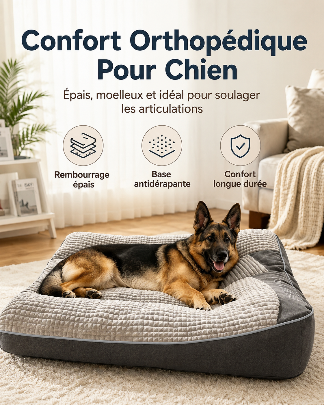 Coussin Orthopédique Épais Pour Chien – Confort Articulaire & Base Antidérapante
