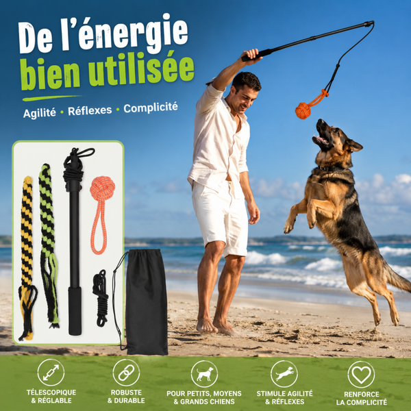 Perche de Jeu Interactive pour Chien – Canne de Flirt Rétractable avec Jouets en Corde – Entraînement, Agilité et Dépense Physique pour Petits, Moyens et Grands Chiens