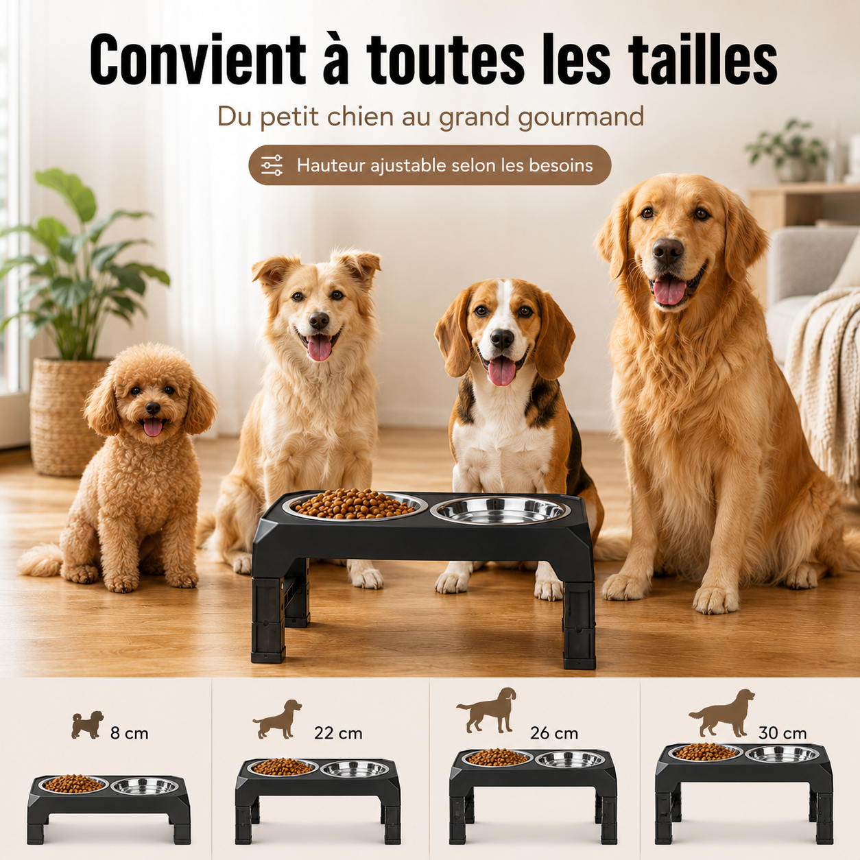 Gamelles surélevées réglables pour chien – Double bol inox et support pliable