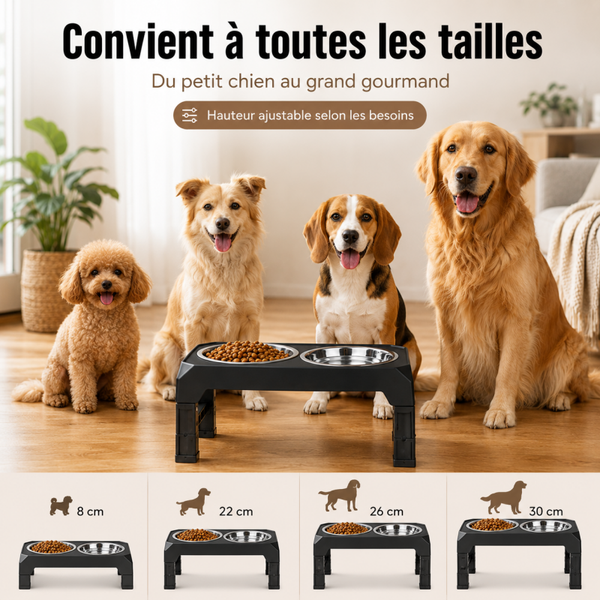 Gamelles surélevées réglables pour chien – Double bol inox et support pliable