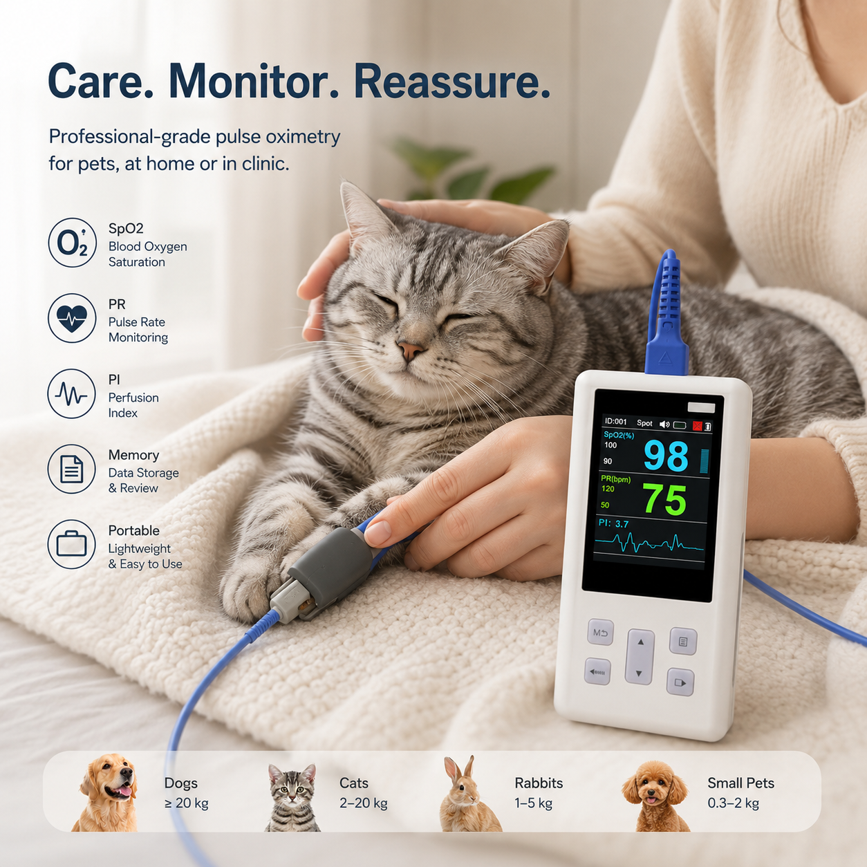 Oxymètre vétérinaire portable H100 pour chien et chat – Mesure SpO₂ et fréquence cardiaque