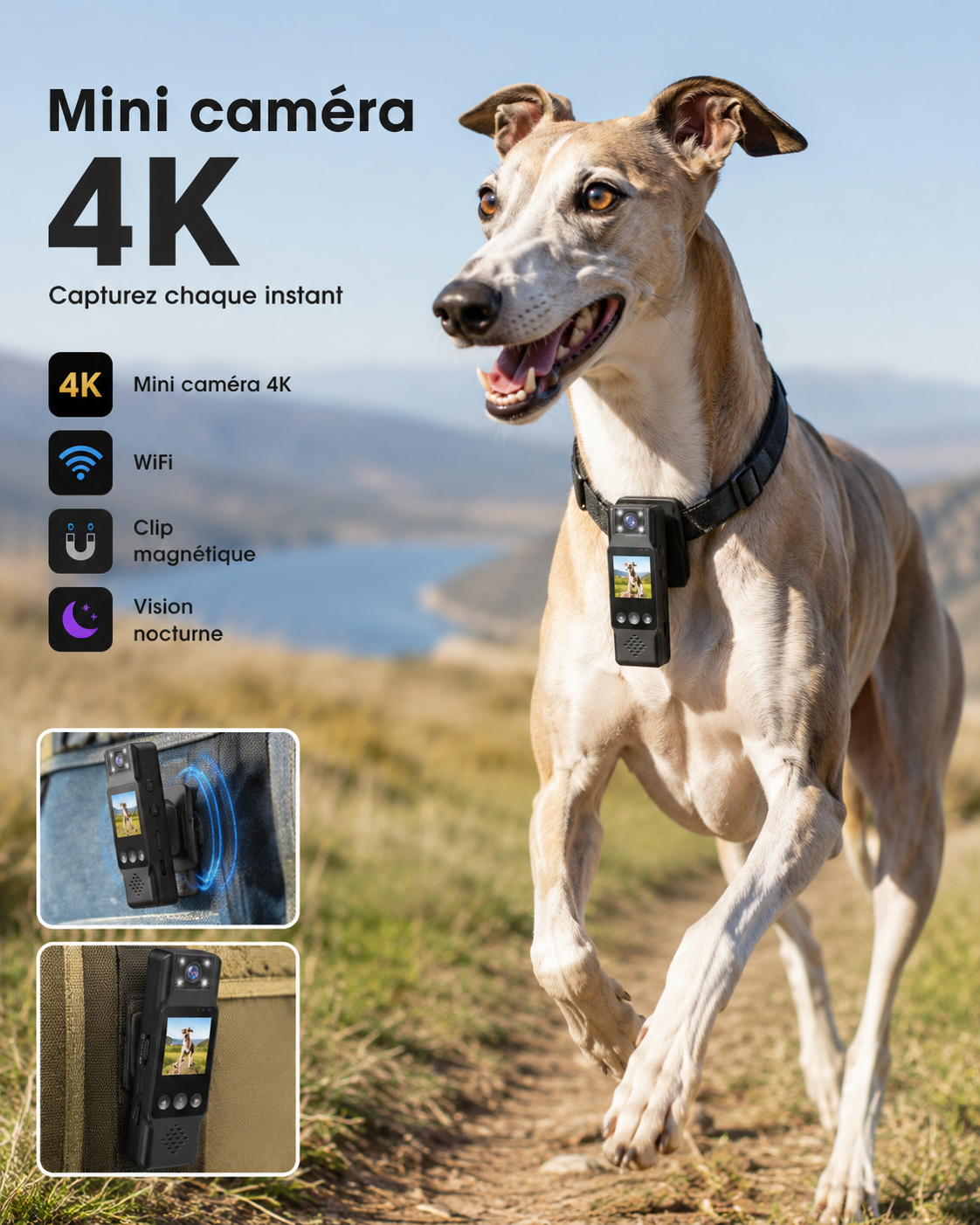 Mini caméra sportive 4K WiFi avec clip magnétique – Caméra portable pour animaux, vlog, sport et surveillance