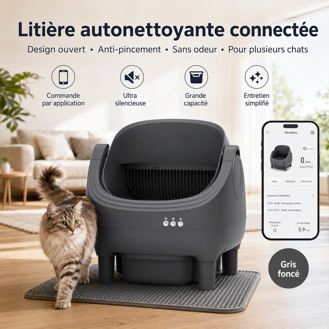 Litière Autonettoyante Connectée pour Chat – Design Ouvert Anti-Pincement, Contrôle par Application, Anti-Odeurs, Gris Foncé