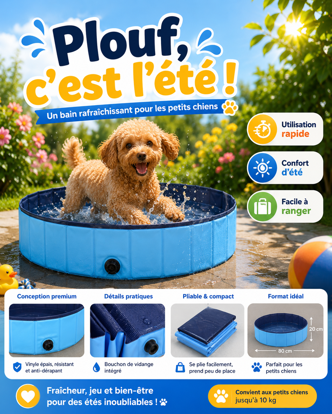 Piscine Pliable pour Chien et Chat – Bassin de Bain Portable pour Jardin, Terrasse et Rafraîchissement d’Été