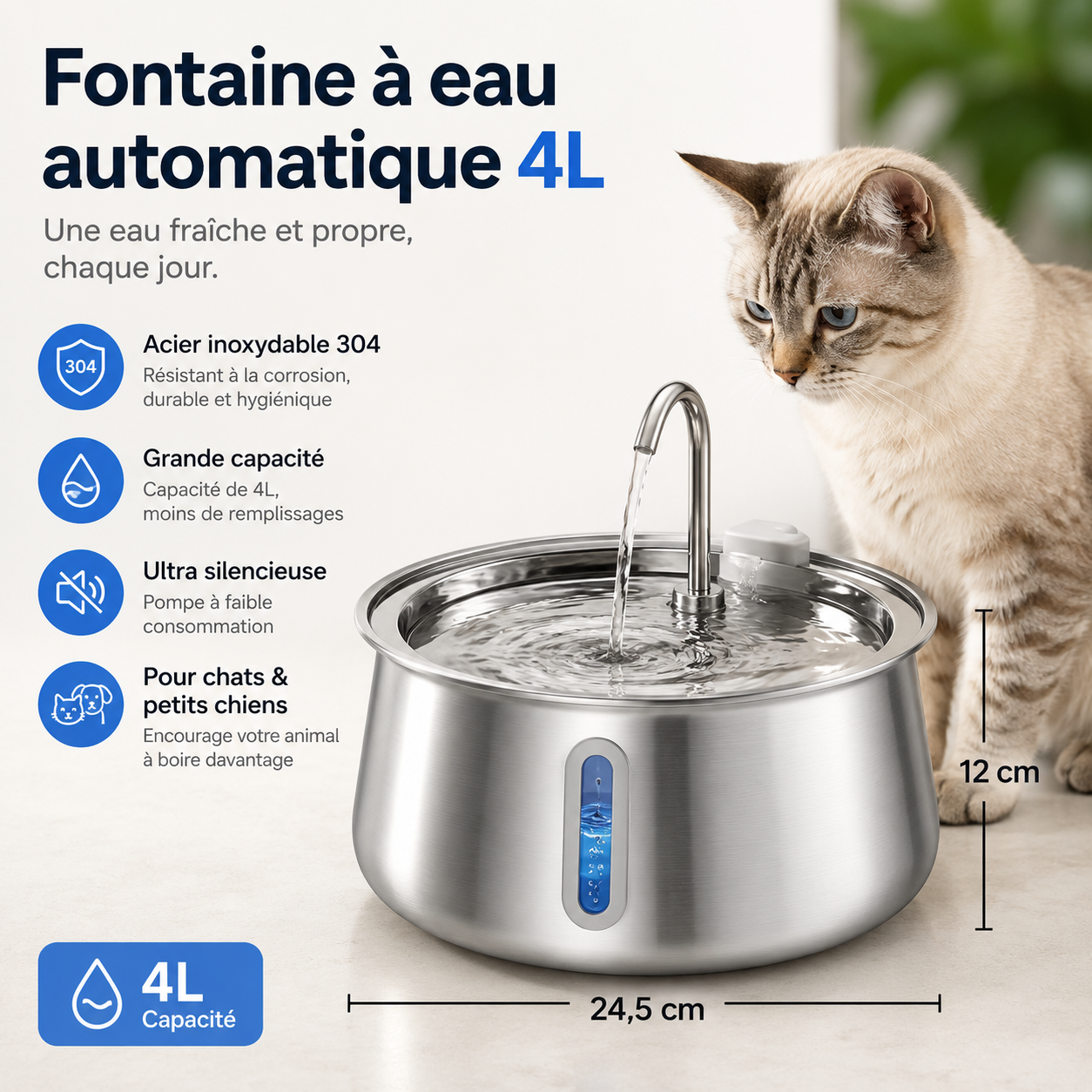 Fontaine à eau automatique 4L en acier inoxydable pour chat et chien – ultra silencieuse, grande capacité, idéale pour plusieurs animaux