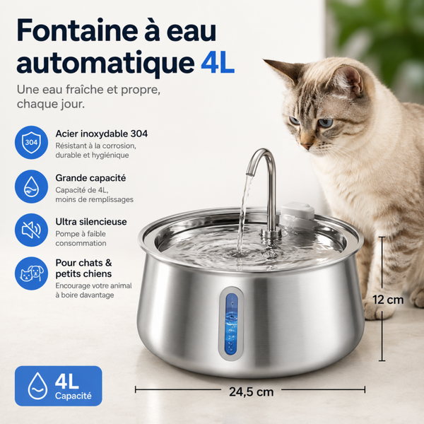 Fontaine à eau automatique 4L en acier inoxydable pour chat et chien – ultra silencieuse, grande capacité, idéale pour plusieurs animaux