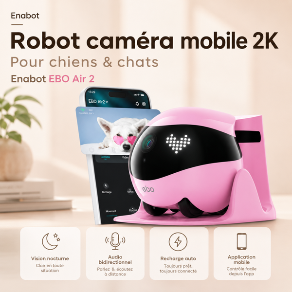 Enabot EBO Air 2 FamilyBot 2K – Robot Caméra Mobile Pour Animaux Avec Vision Nocturne, Audio Bidirectionnel Et Recharge Automatique