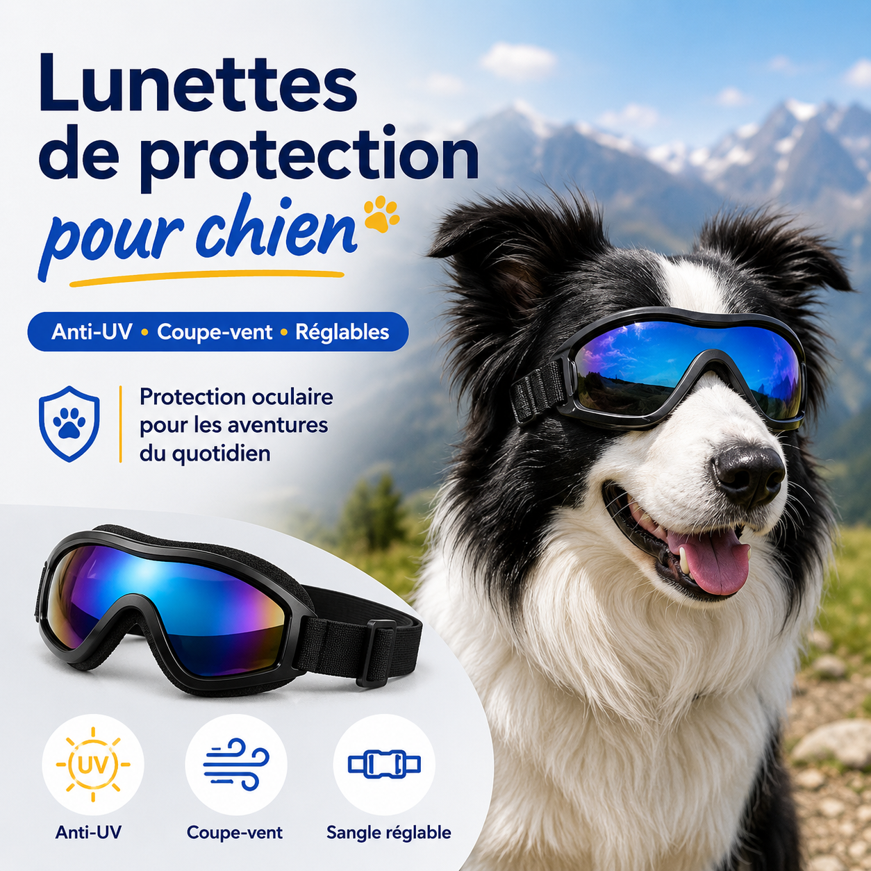 Lunettes de Soleil Réglables pour Chien – Protection Anti-UV et Anti-Vent, Tailles S à XL