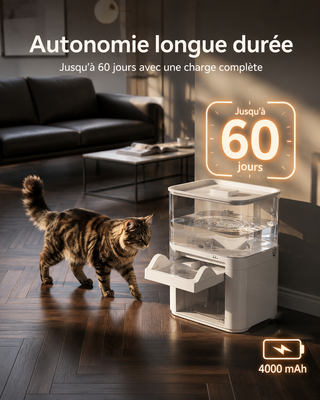 Fontaine à eau intelligente sans fil Amicura A10 4L pour chat et chien – détection de mouvement, filtre automatique, grande capacité multi-animaux