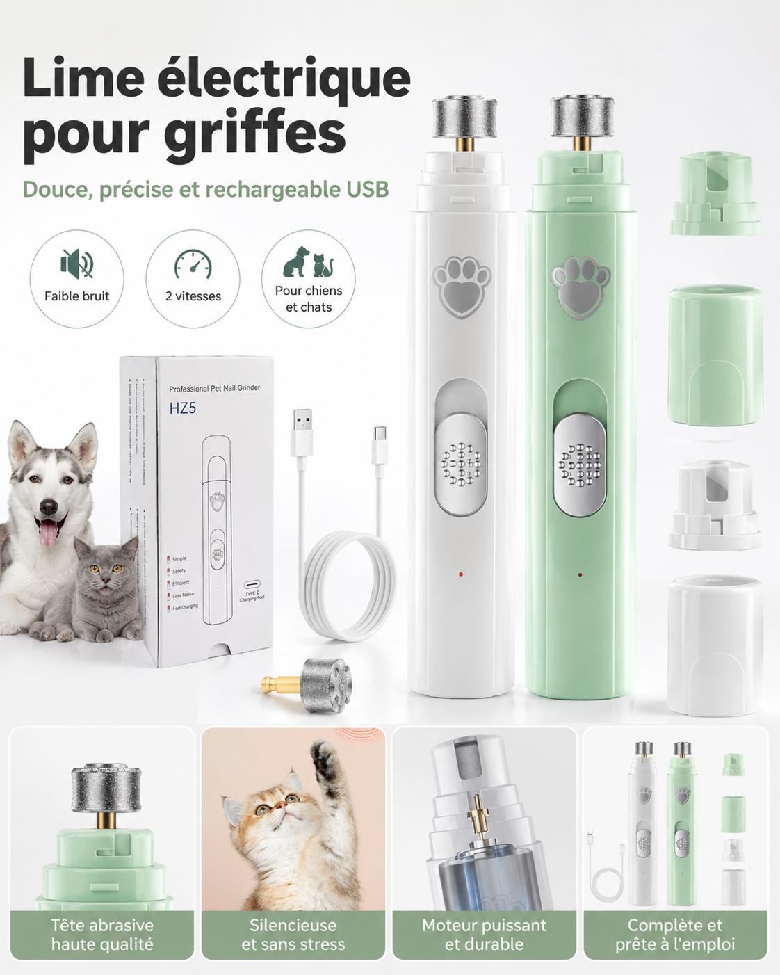 Lime électrique silencieuse pour griffes de chien et chat – 2 vitesses, rechargeable USB
