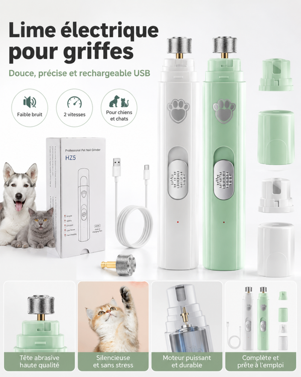 Lime électrique silencieuse pour griffes de chien et chat – 2 vitesses, rechargeable USB