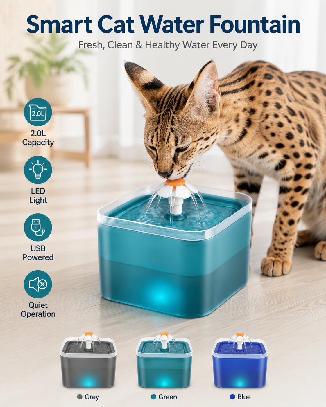 Fontaine à eau automatique 2L pour chat – filtre intégré, LED, USB, silencieuse et recirculation continue
